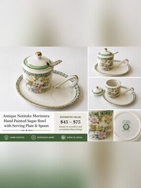 Antique Noritake Morimura Hand Painted Sugar Bowl Serving Plate  Spoon Japan